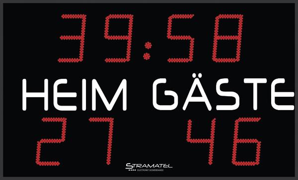 Elektronische Anzeigetafel mit Spielstand 27 zu 46 und Spielzeit 39:58.