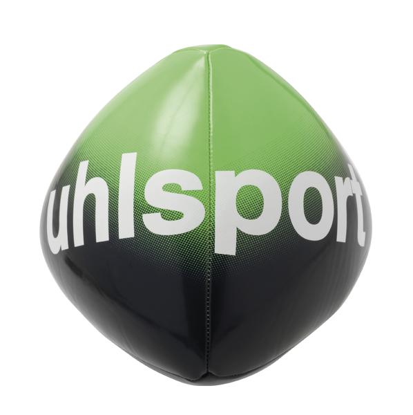 Grüner und schwarzer Uhlsport Trainingsball mit weißem Logo auf weißem Hintergrund.