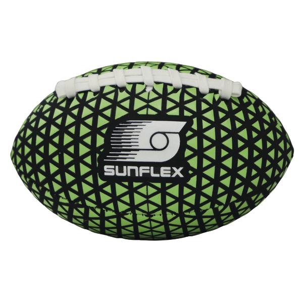 American-Football in leuchtendem Grün mit schwarzem Muster und Sunflex-Logo.