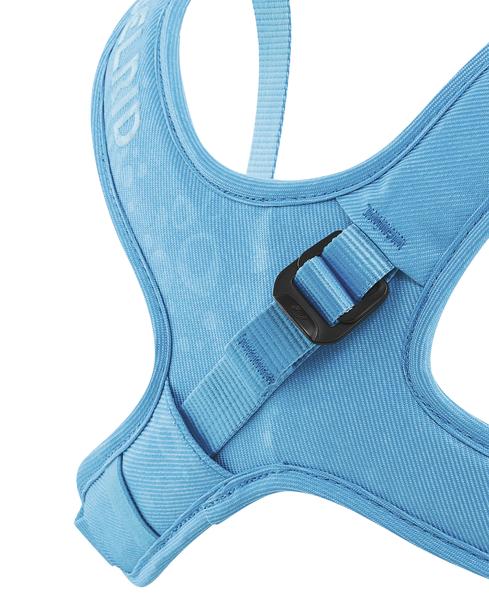 Blaues verstellbares Hundegeschirr aus robustem Nylonmaterial, Nahaufnahme.