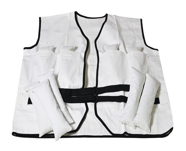Weiße Gewichtsjacke mit schwarzen Akzenten und abnehmbaren Gewichtsbeuteln für Therapie und Training.
