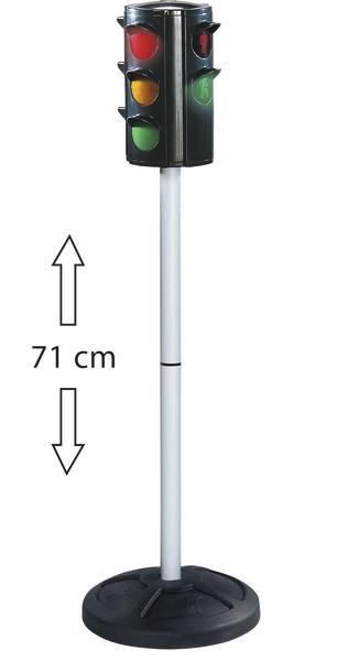 Kindgerechte Ampel mit rot, gelb, grün, 71 cm hoch, auf schwarzem Standfuß.