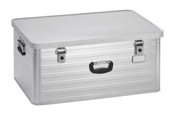 Aluminium Transportkoffer mit Griff und Verschlüssen, rechteckig und robust.