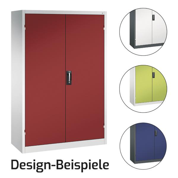 C+P Sportgeräteschrank Typ IV mit Flügeltüren in Rubinrot und verschiedenen Designvarianten.