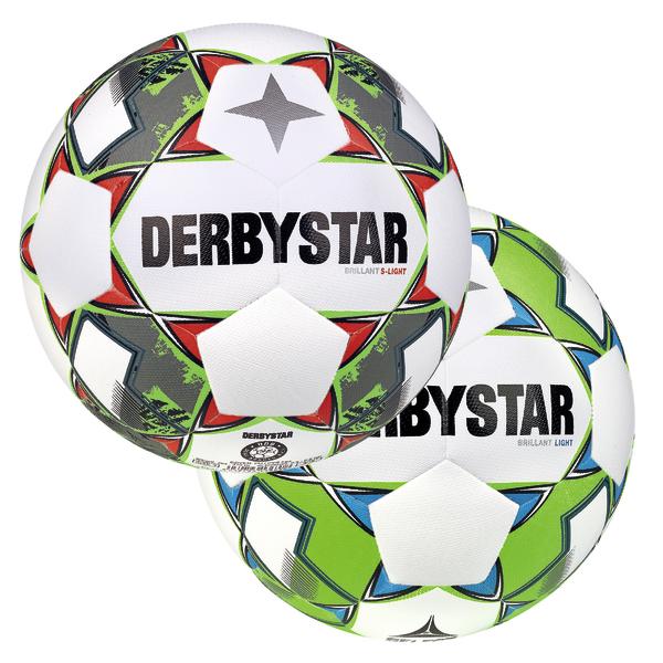 Zwei bunte Derbystar Fußballbälle mit weißem Grund und farbigen Mustern.