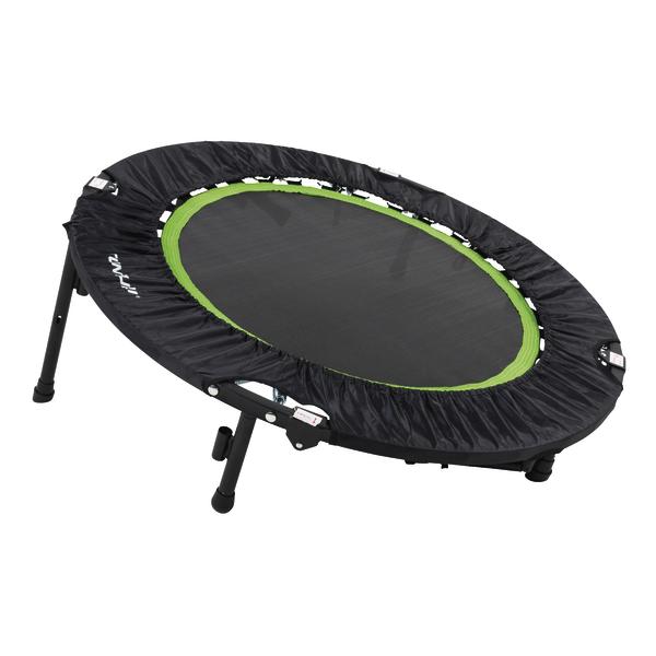 Kleines Fitness-Trampolin mit schwarzem Rand und grünem Sprungtuch, klappbare Beine.