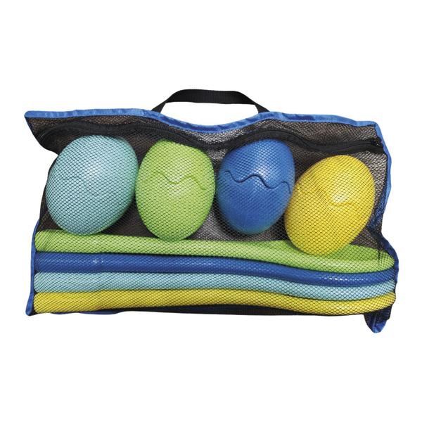 Set aus bunten Kunststoff-Eiern und Tüchern in einer Netztasche.