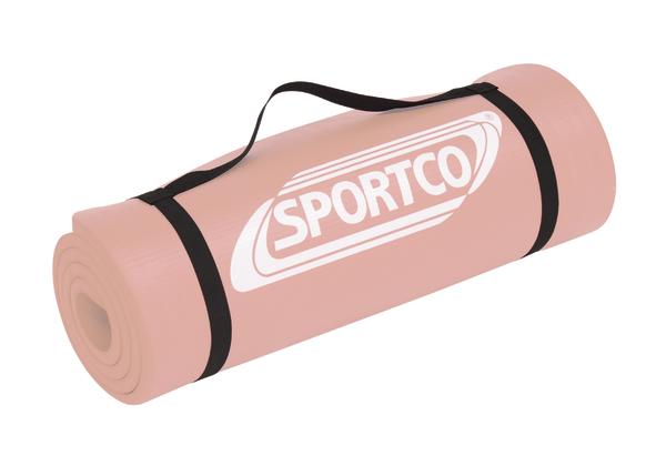 Rosa Sportmatte mit Tragegurt, zusammengerollt für Yoga und Fitnessübungen.