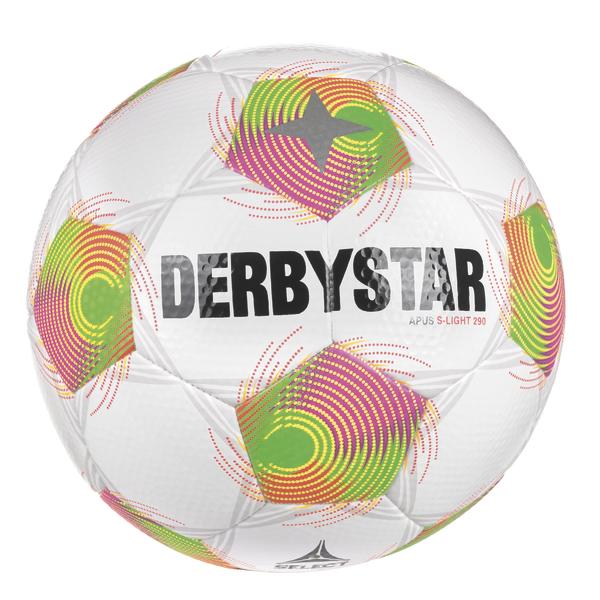 Weißer DERBYSTAR Apus S-Light 290 Fußball mit grün-pink-gelbem-orangenem Spiraldesign, strukturierter Oberfläche