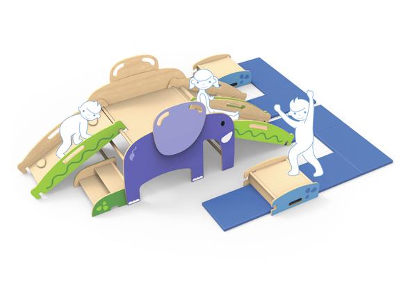 Buntes Holzspielzeug mit Elefantenmotiv und Figuren zum Klettern und Balancieren für Kinder.