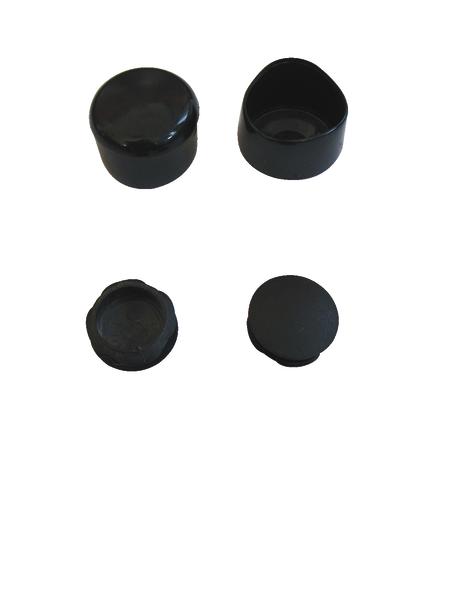 Schwarze Kunststoffkappen in verschiedenen Größen, geeignet als Schutzabdeckungen für Rundrohr.