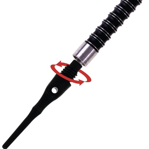 Drehbarer Griff mit flexiblem Gelenk und rotem Pfeil zur Drehbewegung auf weißem Hintergrund.