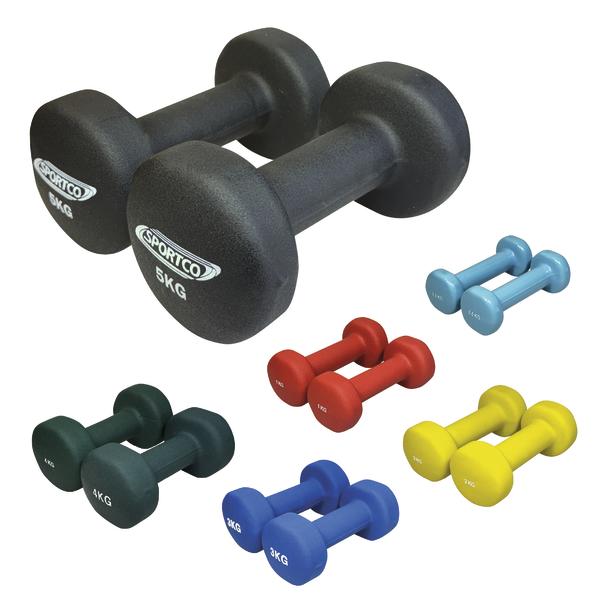 0,5 kg, 1 kg, 2 kg, 3 kg, 4 kg und 5 kg Hanteln für Fitness und Krafttraining in verschiedenen Farben.