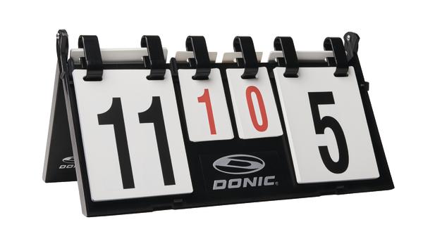 Tischtennis-Punktezähler von Donic mit schwarzem Rahmen und weißen Zahlenkarten.