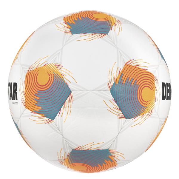 Weißer DERBYSTAR Magic TT Fußball mit orange-türkisem Spiraldesign, strukturierter Oberfläche und modernem Paneldesign seitliche Ansicht