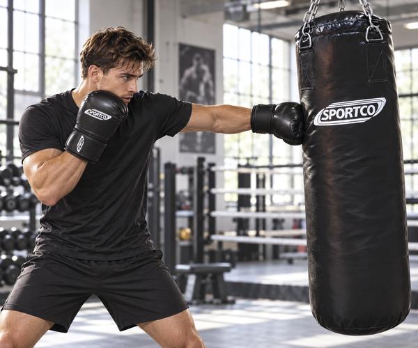 Boxer beim Training im Fitnessstudio, der mit schwarzen Sportco Boxhandschuhen gegen einen hängenden schwarzen Sportco Boxsack schlägt.