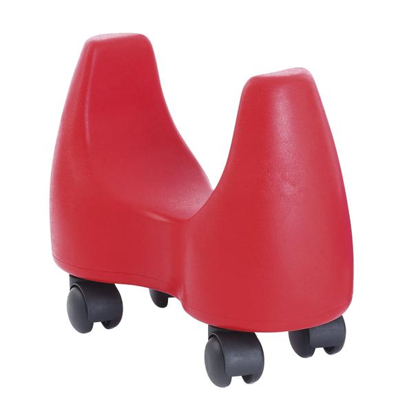 Roter Kinderroller mit vier schwarzen Rollen, ergonomisch geformt für Sitz und Spielspaß.