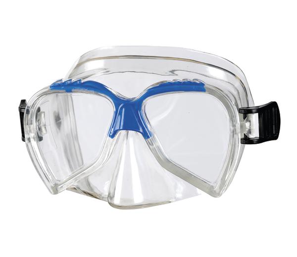 Taucherbrille mit klarem Glas und blauem Nasensteg, verstellbares schwarzes Band.