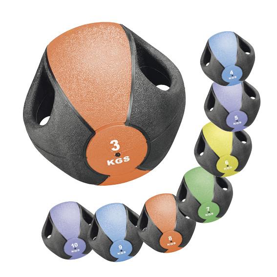 Medizinball mit Griffen für funktionelles Training, verschiedene Gewichtgrößen.