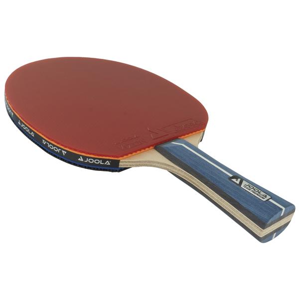 Rotes JOOLA Tischtennisschläger mit blauem Griff auf weißem Hintergrund.