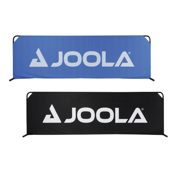 Zwei JOOLA Tischtennis-Banden in Blau und Schwarz mit weißem Logo, ideal für Tischtennisplätze.