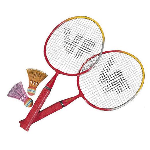 Zwei rote Badmintonschläger und zwei bunte Federbälle auf weißem Hintergrund.