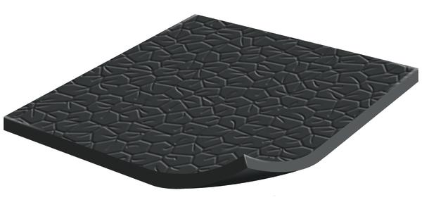 Schwarze rutschfeste Gummimatte mit strukturierter Oberfläche und abgerundeter Ecke.