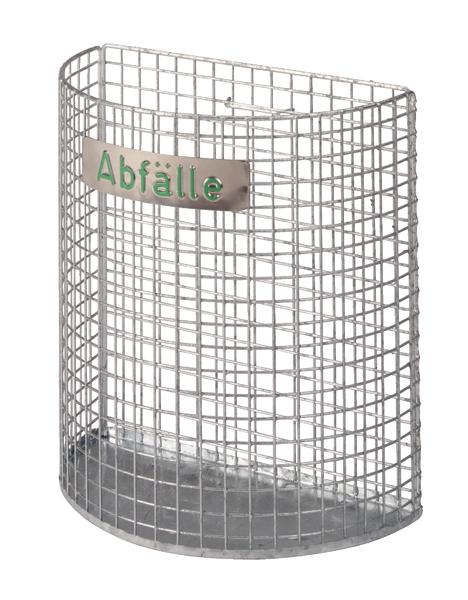 Metall-Abfalleimer mit Gitterstruktur und grünem Schriftzug "Abfälle" für Mülltrennung.