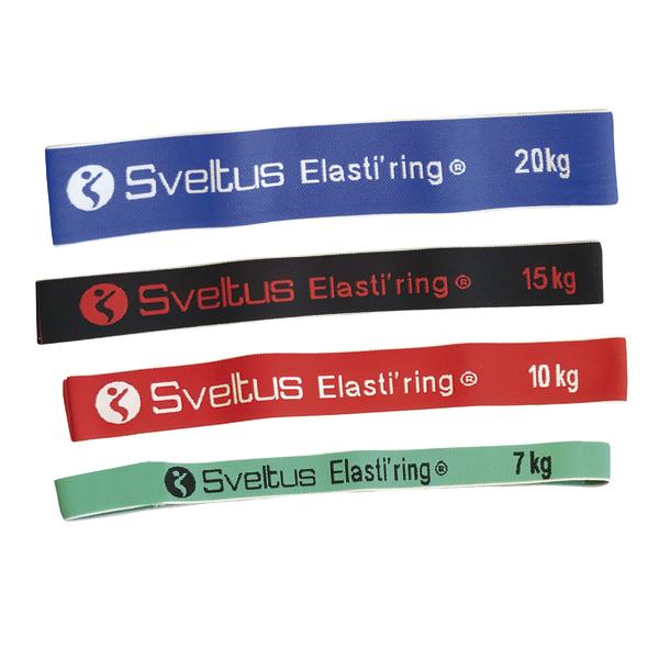 Vier farbige Sveltus Elasti'ring Widerstandsbänder mit 7 bis 20 kg Belastung.