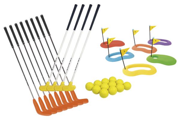 Mini-Golfset mit Schlägern, Bällen und bunten Zielringen für Kinder und Anfänger.