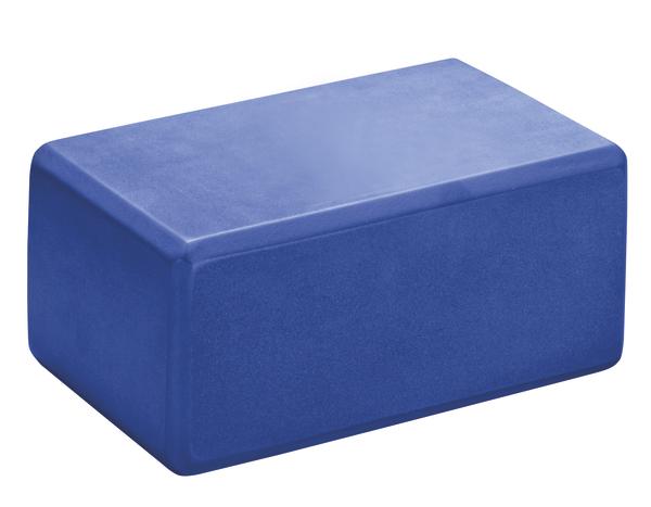 Blauer Yoga-Block aus Schaumstoff für Fitness und Stretching Übungen.