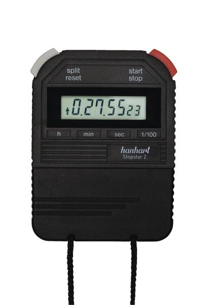 Schwarze digitale Stoppuhr mit Anzeige und Start-Stopp-Tasten, Modell Hanhart Stopstar 2.