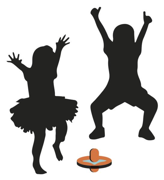 Silhouetten von zwei tanzenden Kindern mit einem Kreisel-Spielzeug auf weißem Hintergrund.