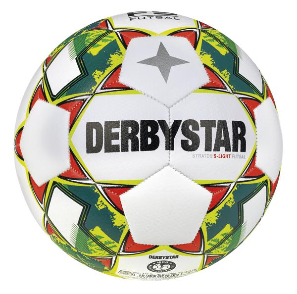 Bunter Derbystar Stratos S-Light Futsal Ball mit Stern-Design und Logo.