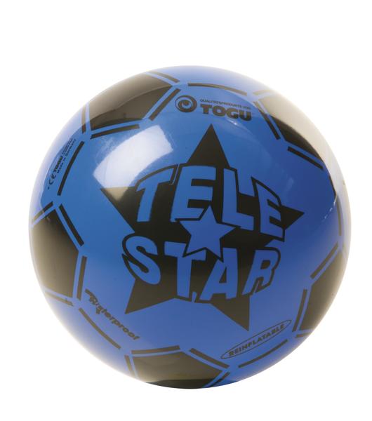 Blauer und schwarzer Fußball mit Aufschrift "Tele Star" und Stern-Design, auf weißem Hintergrund.