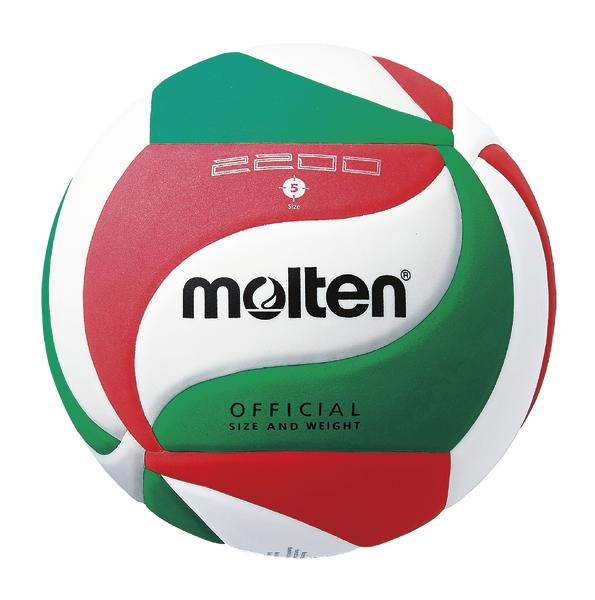 Volleyball Molten 2200 in Rot, Grün und Weiß, offizielle Größe und Gewicht.