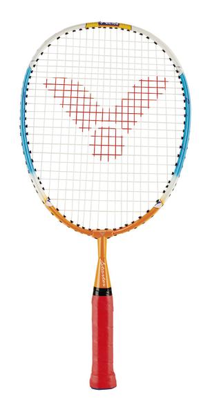 Badmintonschläger mit rotem Griff und blau-orangem Rahmen, weißer Bespannung und rotem Logo.