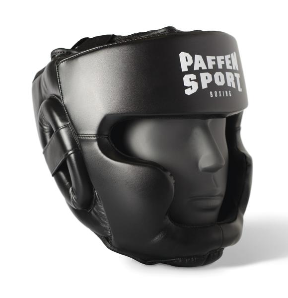 Schwarzer Paffen Sport Box-Helm mit Gesichts- und Kopfschutz aus Leder.