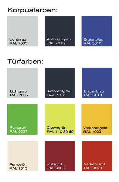 C+P Farbpalette für Sportgeräteschränke, Spinde und Garderoben.