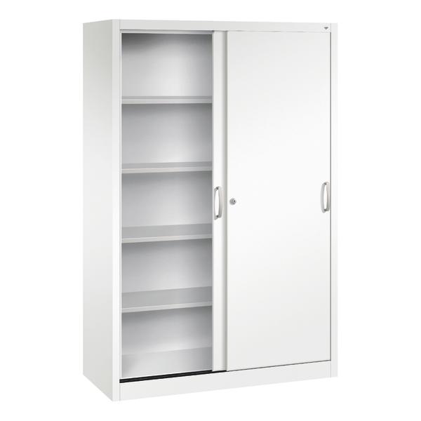 Weißer Metallschrank mit Schiebetüren und fünf Regalböden, halb geöffnet.