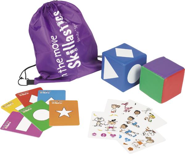 Lernspiel mit bunten Würfeln, Bild- und Formkarten sowie lila Aufbewahrungsbeutel.