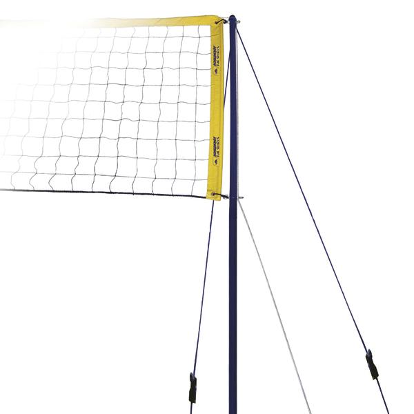 Volleyballnetz mit gelbem Rand und blauem Pfosten, gespannt und einsatzbereit.