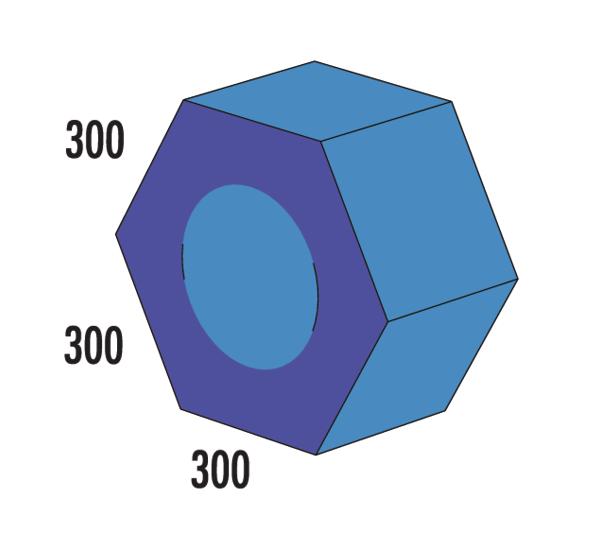 Sechskantmutter mit 300 mm Kantenlänge und Innenloch, technische Zeichnung.