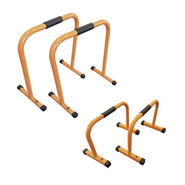 Orangefarbene Dip-Barren für Oberkörpertraining, rutschfeste Griffe und Standfüße, Paar.