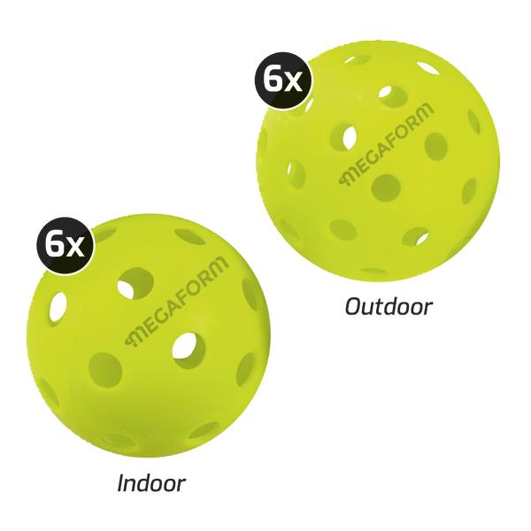 Sechs gelbe Indoor- und sechs Outdoor-Pickleball-Bälle mit Löchern, ideal für verschiedene Spielumgebungen.