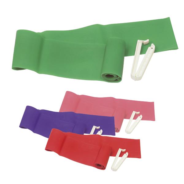 Verschiedene farbige Fitnessbänder mit Clips für Widerstandsübungen, grün, rosa, lila und rot.