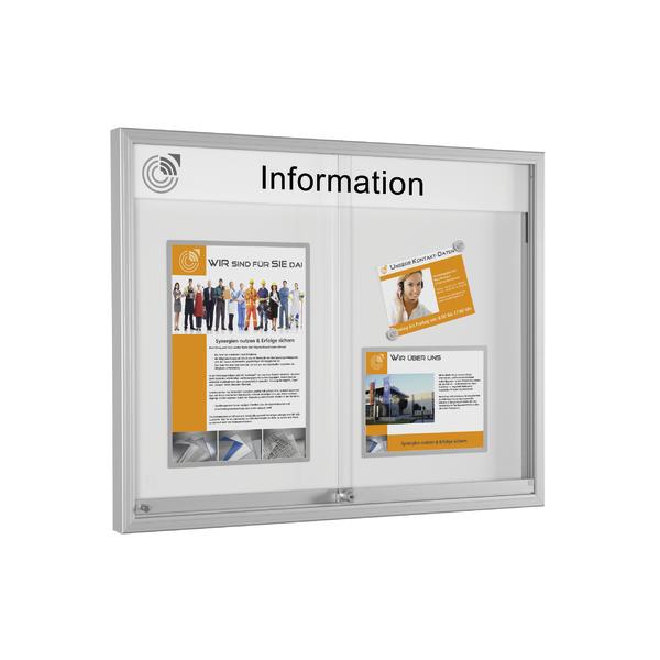 Moderner Informationskasten mit verschiedenen Aushängen und orange-weißen Designs.