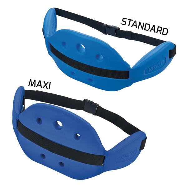 Zwei blaue Aqua-Jogging-Gürtel mit verstellbaren schwarzen Gurten, beschriftet mit "Standard" und "Maxi".