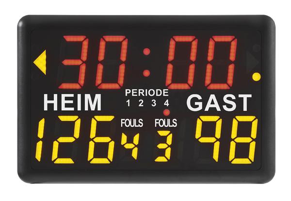 Elektronische Basketball-Anzeigetafel mit Spielzeit, Punktestand und Fouls für Heim- und Gastteam.