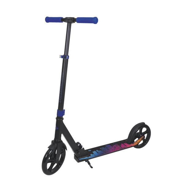 Tretroller mit blauem Griff, schwarzem Rahmen und buntem Trittbrett für Kinder und Jugendliche.